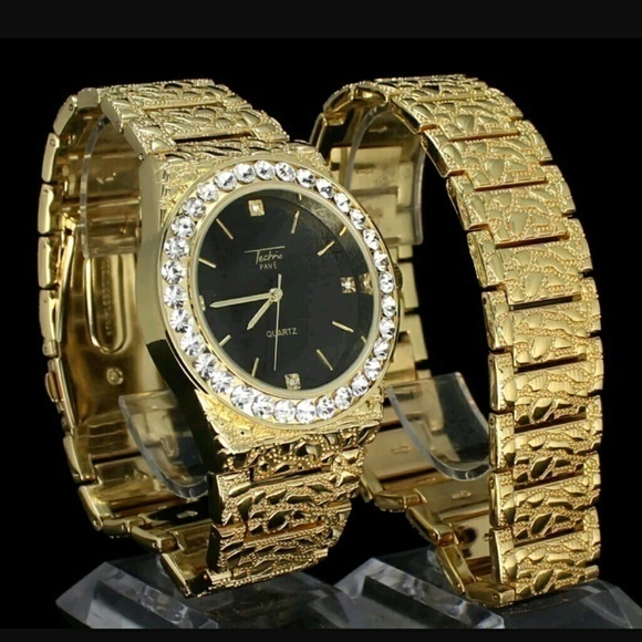 Mens Nugget Design Watch & Bracelet Set 14k Gold P - Picture 1 of 4